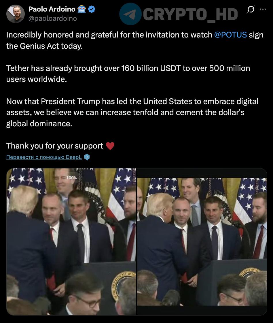 CEO Tether: На сегодняшний день Tether выпустил более 160,000,000,000 USDT для 500,000,000 пользователей по всему миру. Теперь, когда президент Дональд Трамп повел США навстречу цифровым активам, мы уверены, что сможем вырасти в десять раз и укрепить глобальное господство доллара. Сегодня: Дональд Трамп подписал закон GENIUS Crypto Headlines