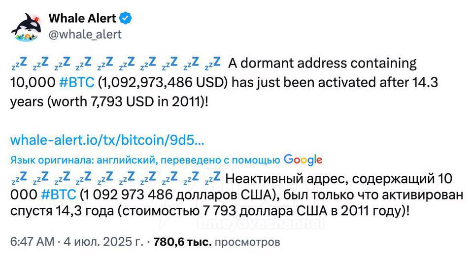 Сегодня объявился кит с 10 000 BTC, чей кошелек не активировался с 2011 года 14 лет назад цена жесткого диска была почти $8000. Сейчас же он стал обладателем $1 092 973 486 У кого-то сегодня счастливый день и остаток жизни.