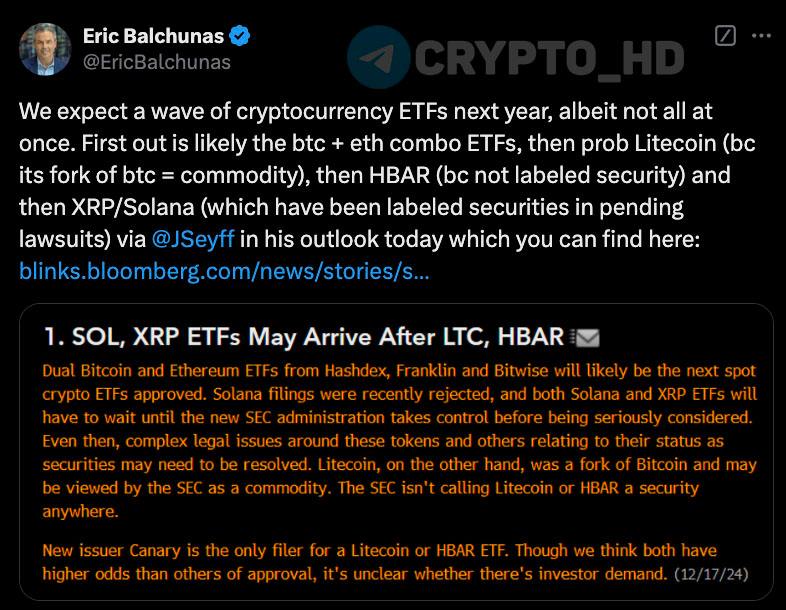 #мнение Eric Balchunas: В следующем году ожидается массовый запуск ETF на альткоины – #LTC, #HBAR, #XRP и #SOL. Crypto Headlines