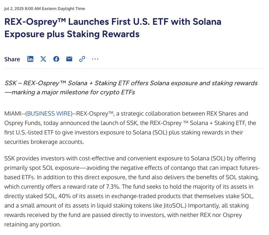 Первый в США ETF на SOL со стейкингом запущен  Объем торгов составил $8 млн за первые 20 минут — показатель считается успешным.   Фонд предлагает инвесторам доступ к SOL + заработок на стейкинге в размере 7.3% на текущий момент.   Фонд стремится держать большую часть своих активов в стейкинге SOL, 40% своих активов в биржевых продуктах, которые сами делают стейкинг SOL, и небольшую часть активов в ликвидных токена, таких как JitoSOL.           — ставь реакцию для поддержки канала