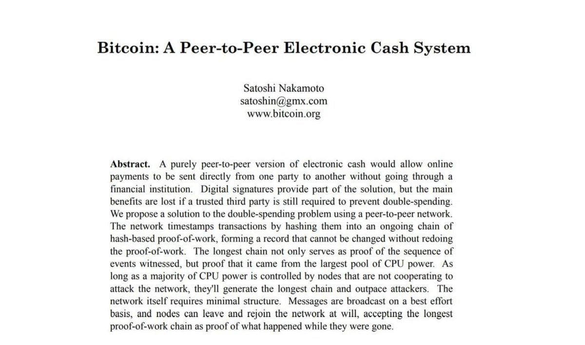 Ровно 16 лет назад, 31 октября 2008 года, был опубликован Whitepaper Bitcoin, написанный Сатоши Накамото.  В этом девятистраничном документе под названием «A Peer-to-Peer Electronic Cash System» была изложена концепция децентрализованной одноранговой платежной системы, которая стала основой для революции в мире финансовых технологий, положив начало цифровым финансам, блокчейну и крипте.  Первая сеть Bitcoin была запущена в январе 2009 года, однако в апреле 2011 года Сатоши исчез, и до сих пор его личность остаётся загадкой, скрытой за документом, который вдохновил на создание целой индустрии с триллионной капитализацией.  Crypto Информатор l Чат