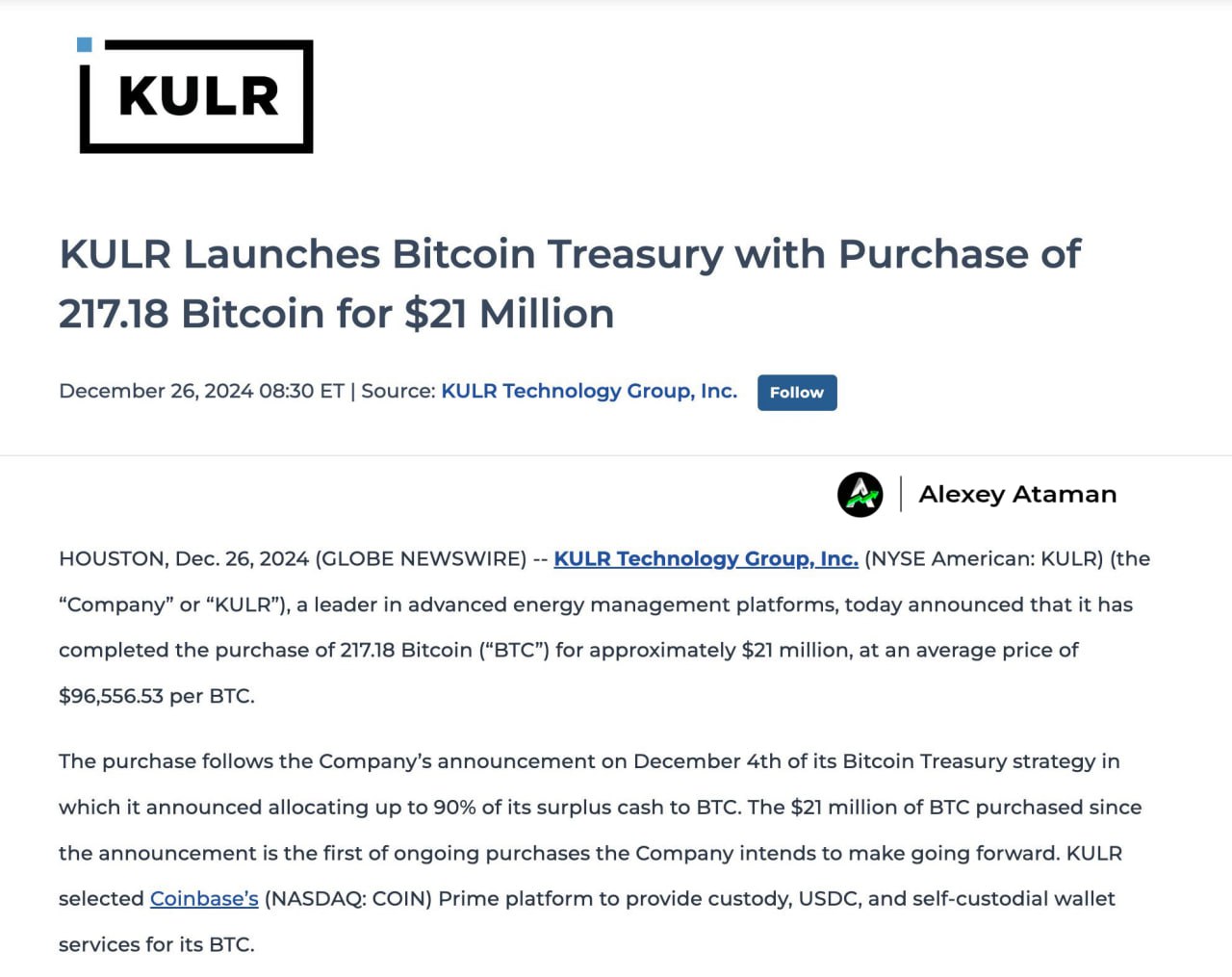 Публично торгуемая компания KULR Technology приобретает 217 $BTC на $21 млн для своего биткойн-казначейства  Компания приняла биткоин-стратегию еще 4 декабря, в рамках которой выделит на первую криптовалюту 90% своих излишков наличности.  KULR занимается разработкой решений для управления энергопотреблением и батарей. Конечно же акции на этой новости подросли.    Ataman     OKX     Чат