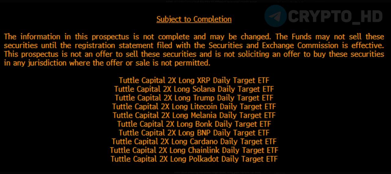 James Seyffart: Компания Tuttle Capital подала заявки в SEC на 10 различных криптовалютных ETF с кредитным плечом – на #XRP, #SOL, #TRUMP, #LTC, #MELANIA, #BNP, #BONK, #ADA, #LINK и #DOT.  Crypto Headlines