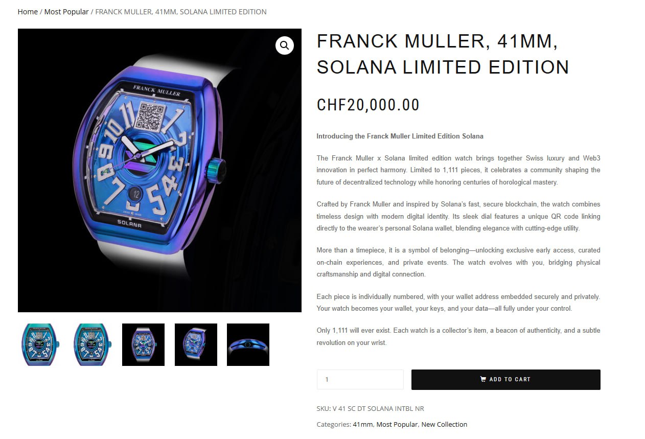 ⌚ Solana-часы для фанатиков истинных ценителей Производитель Franck Muller в партнерстве с Solana выпустил лимитированную коллекцию часов — всего 1 111 штук. Цена таких часов, которые оснащены QR-кодом, привязанным к кошельку, составляет скромных $24 000 И че думаете не разберут... при таком к-ве разлетятся как горячие пирожки еще и очередь из желающих выстроится. Интересно, а дропы на них будут?