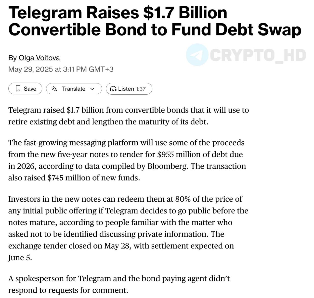 #TON В Telegram привлекли 1,700,000,000$ Bloomberg Схема: размещение конвертируемых облигаций. Капитал пойдет на выкуп долга с размещения 2021 года. Среди инвесторов: BlackRock, Mubadala, Citadel и др. Ранее: планы Crypto Headlines