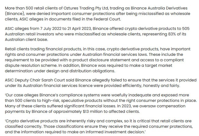 ASIC  австралийский регулятор  подала в суд на криптокомпанию Binance Australia Derivatives за нарушения потребительских прав.  ℹ  ASIC утверждает, что более 500 розничных клиентов Oztures Trading Pty Ltd, работающих под брендом Binance Australia Derivatives, были ошибочно классифицированы как оптовые клиенты, что лишило их важной защиты потребителей. Это указано в документах, поданных в Федеральный суд.    YouTube   Чат  Торговый клуб   Канал о трейдинге   Invcoin support