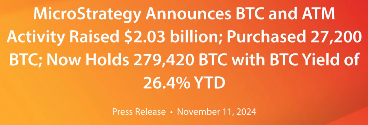 MicroStrategy продолжает усредняться    Компания купила 27,200 $BTC на 2млрд$ по средней цене около 74,463$. Теперь общая средняя цена покупки 1 $BTC составляет 42,692$. Общий баланс компании — 279,420 $BTC.  Их кейс показывает, что дисциплинированная закупка и систематический подход дает гарантированный профит