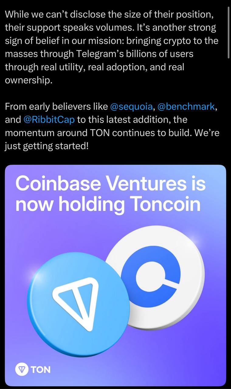Ton Foundation заявили, что Coinbase Ventures теперь владеет $TON  $TON по $4 soon?    soon   не soon  Чат • Подписаться