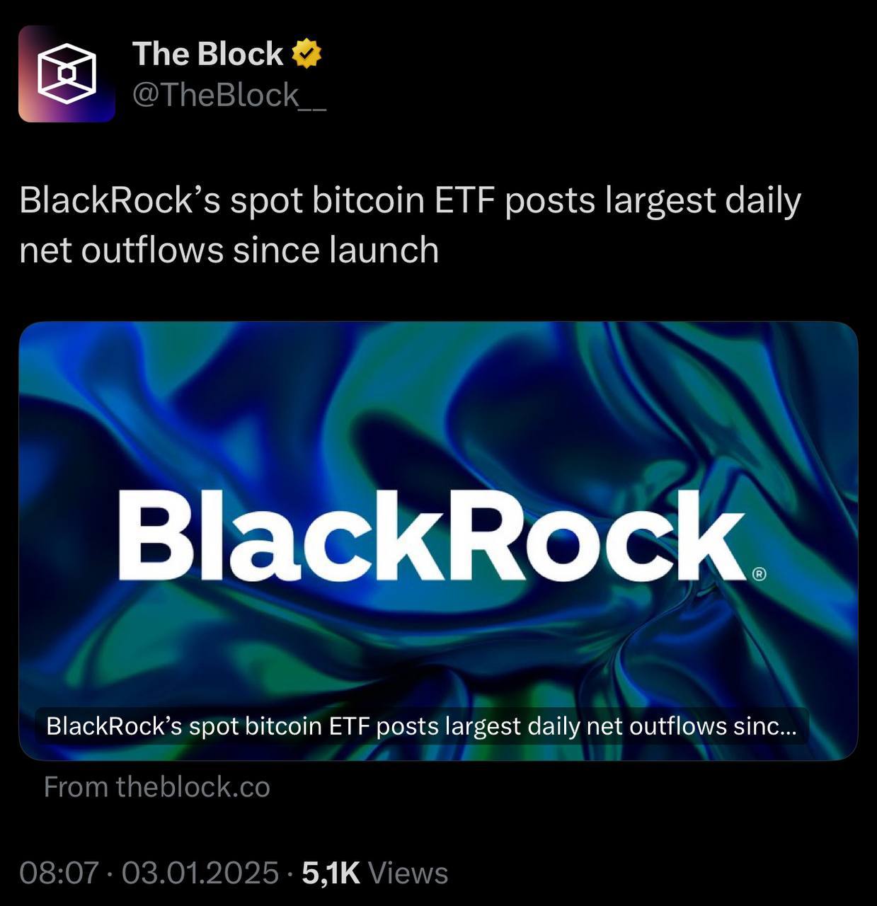 Рекордный отток из биткоин-ETF BlackRock   ETF IBIT от BlackRock зафиксировал отток более $332 млн за день, что стало крупнейшим отрицательным потоком с момента запуска   2 января спотовые биткоин-ETF в США в целом потеряли $242,3 млн    Разгрузка перед плотным началом года, все нормально