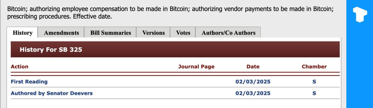 Сенатор от Оклахомы Дасти Диверс предложил к рассмотрению «Закон о свободе биткоинов», который позволяет сотрудникам добровольно получать заработную плату в биткоинах и разрешает поставщикам принимать платежи в биткоинах.  Законодательное предложение подлежит рассмотрению на 60-й законодательной сессии, начало которой 3 февраля.    Телеграм  Х    Сообщество  Источник