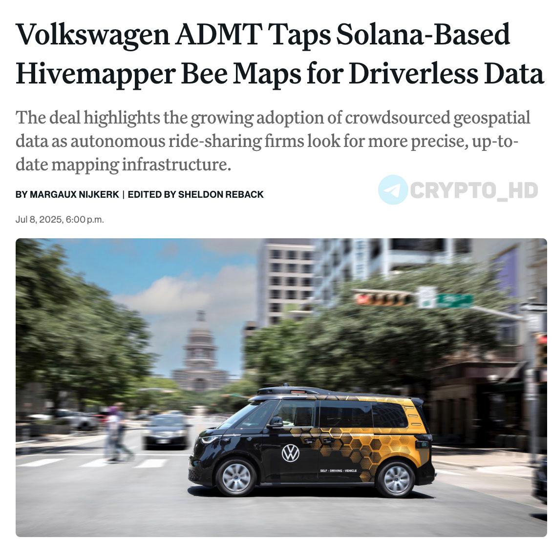 #SOL Volkswagen использует блокчейн Solana – coindesk Дочерняя компания Volkswagen начала использовать краудсорсинговые карты Hivemapper на блокчейне Solana для получения данных в реальном времени и повышения точности работы беспилотных автомобилей. Crypto Headlines