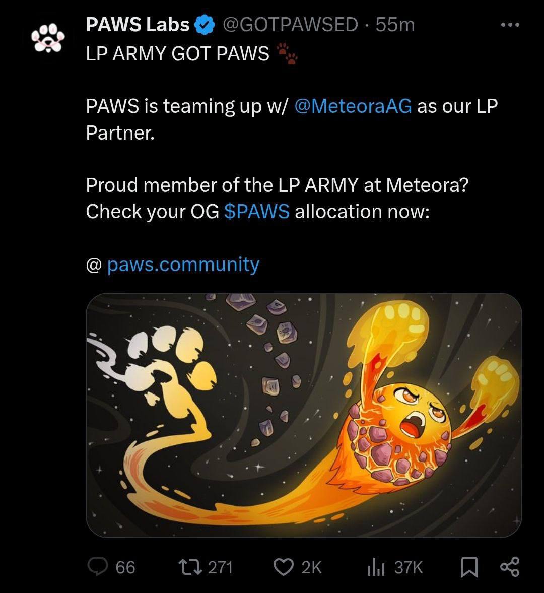 Paws опять в ударе, на этот раз они заключили партнерство с Meteora + листинг монеты состоится на бирже KuCoin    Теперь PAWS официально сотрудничает с MeteoraAG как LP-партнер    Вся надежда на PAWS, потому что хайп таполок потихоньку падает. У них нет права на ошибку.   Если что-то не понятно, я всегда на связи с вами в комментариях или в чате     Pоiagust   ЧАТ