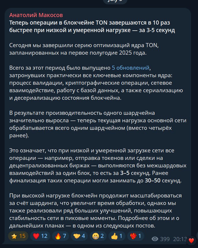 Главный разработчик TON Core - Анатолий Макосов написал у себя в канале о том, что после серии оптимизаций TON стал в 10 раз быстрее и теперь при умеренной нагрузке транзакции проходят за 3-5 секунд! Ура? Закрытый канал Купить Telegram Stars Обсудим?