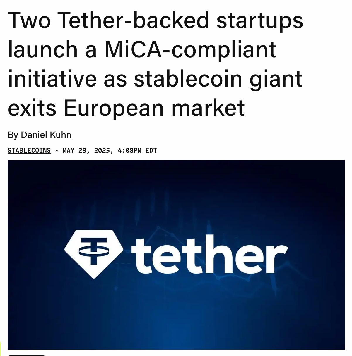 Tether обходит MiCA через подставные фирмы Официально покинув Европу, Tether теперь продвигает два новых стейблкоина — EURR и USDR — через якобы независимые StablR и Oobit. Их поддерживает инфраструктура Tether, в том числе платформа Hadron, и они формально соответствуют MiCA. Торгуй криптовалютой на Bybit Крипто Стукач Подписаться