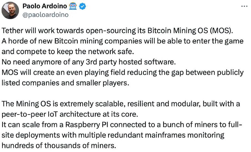 Tether планирует открыть исходный код операционной системы для майнинга Bitcoin