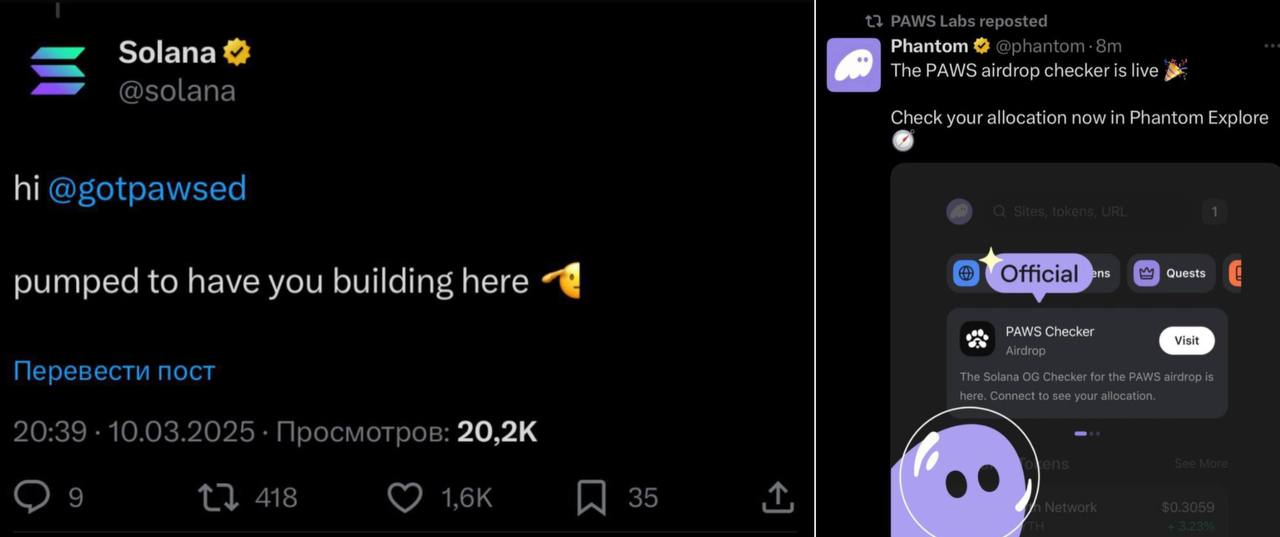 PAWS получил поддержку от самого блокчейна Solana, а Phantom кошелек подтвердил партнерства  Лапы наводят движ, осталось чтобы Бинанс появился и можно радоваться
