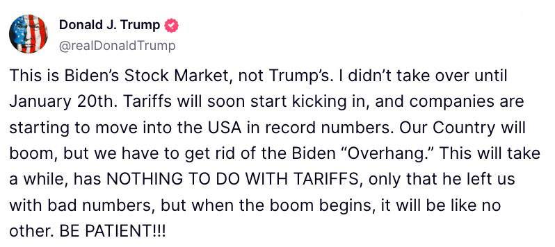 Трамп заявил:   "Это фондовый рынок Байдена, а не мой. Я начал свою работу только 20 января. Скоро вступят в силу тарифы, и множество компаний начнут возвращаться в США. В нашей стране произойдет экономический бум, но для этого нужно избавиться от  бремени  Байдена. Это займет время и не связано с тарифами; дело в том, что он оставил нам плохие показатели. Но когда начнется этот бум, он будет уникальным. Потерпите немного!"  Оставайтесь в курсе последних новостей вместе с