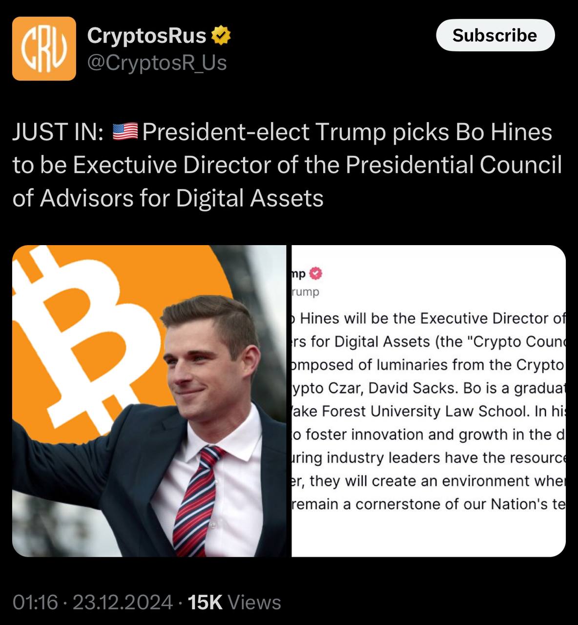 Трамп назначил Бо Хайнса директором Совета по цифровым активам “Crypto Council”  Это новый консультативный орган, в который вошли ведущие фигуры криптоиндустрии  Руководить советом будет Дэвид Сакс, получивший неофициальный титул “Крипто-царь”  Бо Хайнс – выпускник Йельского университета и юридической школы Университета Уэйк Форест.   В новой должности он будет работать с Саксом для продвижения инноваций и роста в сфере цифровых активов    Торгуй чистой криптой на бирже с лицензией