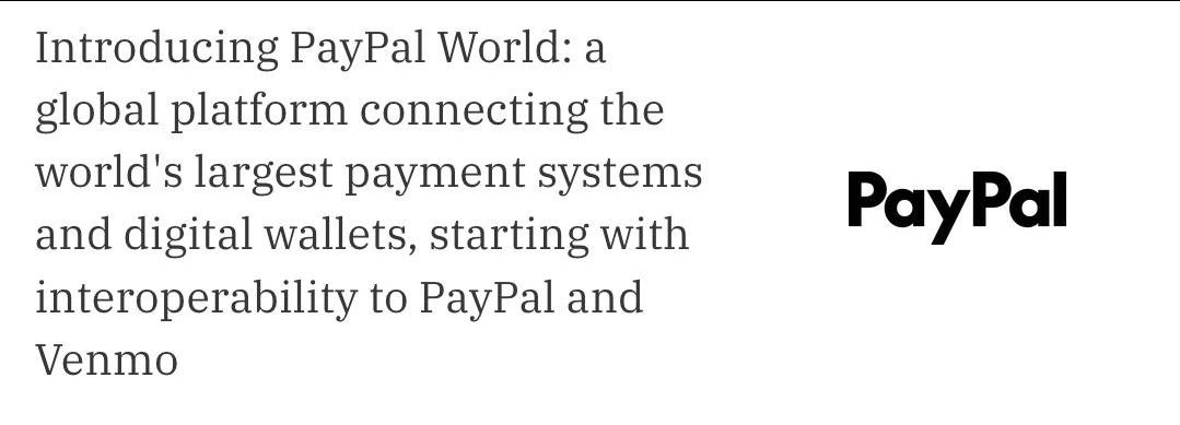 Компания PayPal официально представила PayPal World - глобальную платформу, которая объединит крупнейшие платёжные системы и цифровые кошельки. КриптоТрейдер 888: КАНАЛ ЧАТ