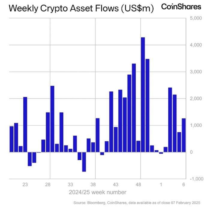 CoinShares сообщает, что на прошлой неделе приток инвестиций в криптовалютные продукты превысил 1 млрд долларов США, в результате чего общий объем инвестиций за год составил 7,3 млрд долларов США, несмотря на снижение стоимости активов.