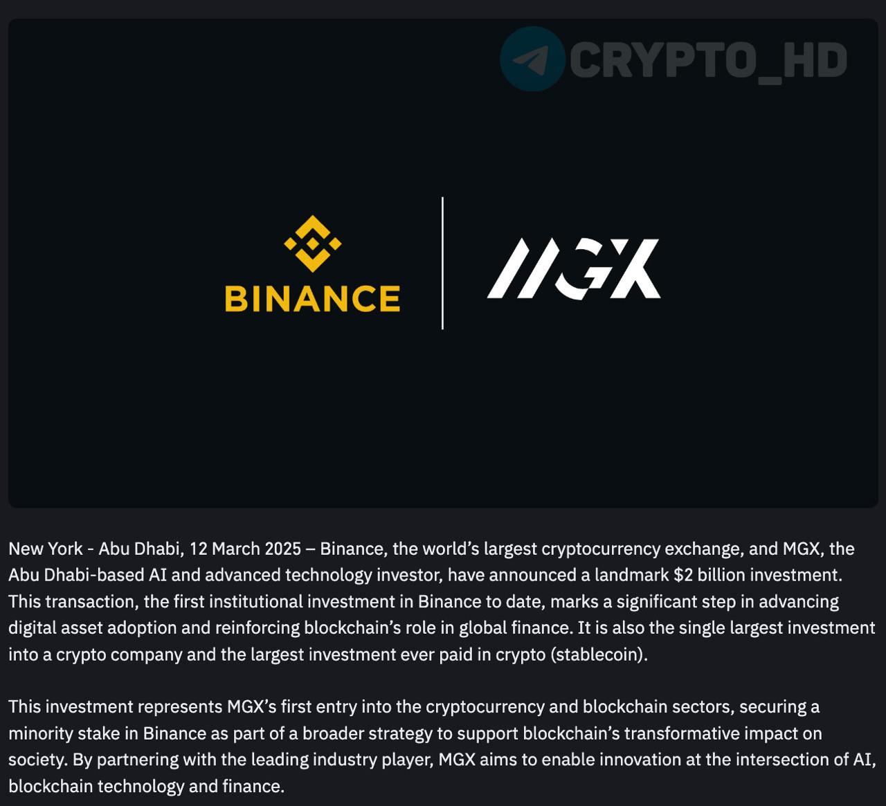 #BNB Фонд MGX из Абу-Даби инвестировал 2,000,000,000$ в Binance – blog  «Это не только первая институциональная инвестиция в криптобиржу Binance, но и рекордная инвестиция в криптокомпанию, а также самая масштабная инвестиция, когда-либо сделанная в криптовалюте  стейблкоине ». #рекорды  Crypto Headlines