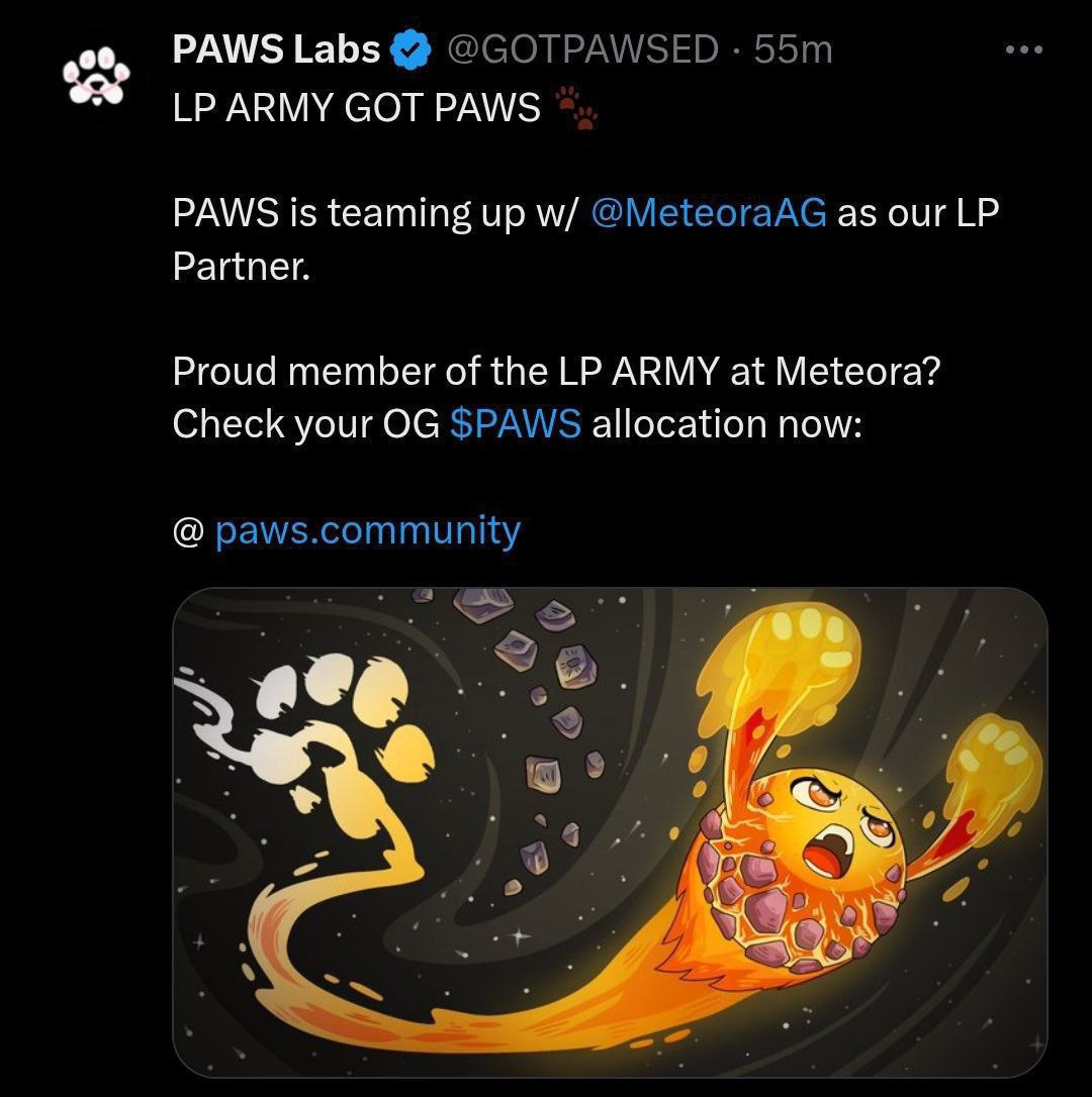 PAWS запартнерились с Meteora  Разработчики PAWS сообщили в своем твиттере о новом партнерстве с Meteora. Именно они предоставляют ликвидность многим топовым мем-коинам, в том числе и токену Трампа, который был на слуху у всех.    Премаркет начал рост