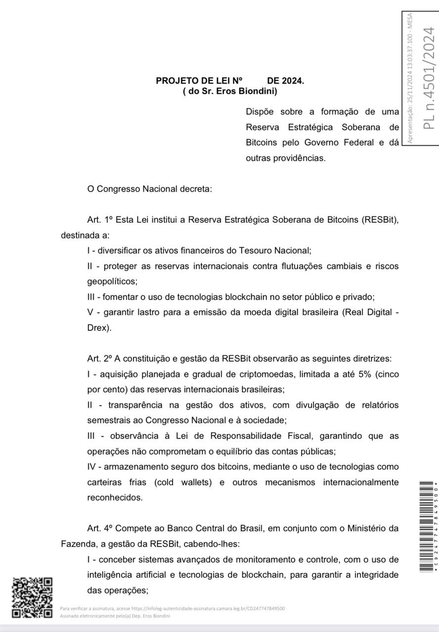 Конгресс Бразилии рассмотрит законопроект о создании Суверенного стратегического биткоин-резерва  RESBit   Предложение было представлено 25 ноября федеральным представителем Эросом Биондини. План — выделение $18 млрд  5% международных резервов Бразилии, $335 млрд  на покупку биткоинов, которые послужат хеджированием от экономических рисков и волатильности