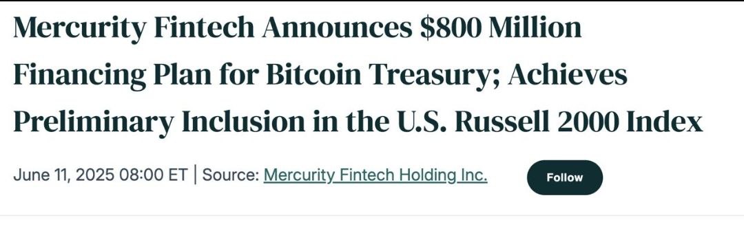 Компания Mercurity Fintech Holding Inc. намерена привлечь 800,000,000$ для инвестиций в Биткоин! «Мы создаем этот резервный фонд, основываясь на нашей вере в то, что Биткоин станет важнейшим компонентом будущей финансовой инфраструктуры» CEO Mercurity Fintech Holding Inc. MFH — цифровая финтех-компания, специализирующаяся на блокчейн-решениях, цифровых активах, инфраструктуре ИИ и высокопроизводительных вычислениях HPC , а также финансовых брокерских услугах. Компания сотрудничает с BitGo для институциональных услуг хранения активов и входит в Russell Microcap Index. Капитализация акций NASDAQ: MFH = $267,5m. КриптоТрейдер 888: КАНАЛ ЧАТ MEXC - биржа с самыми низкими комиссиями на торговлю