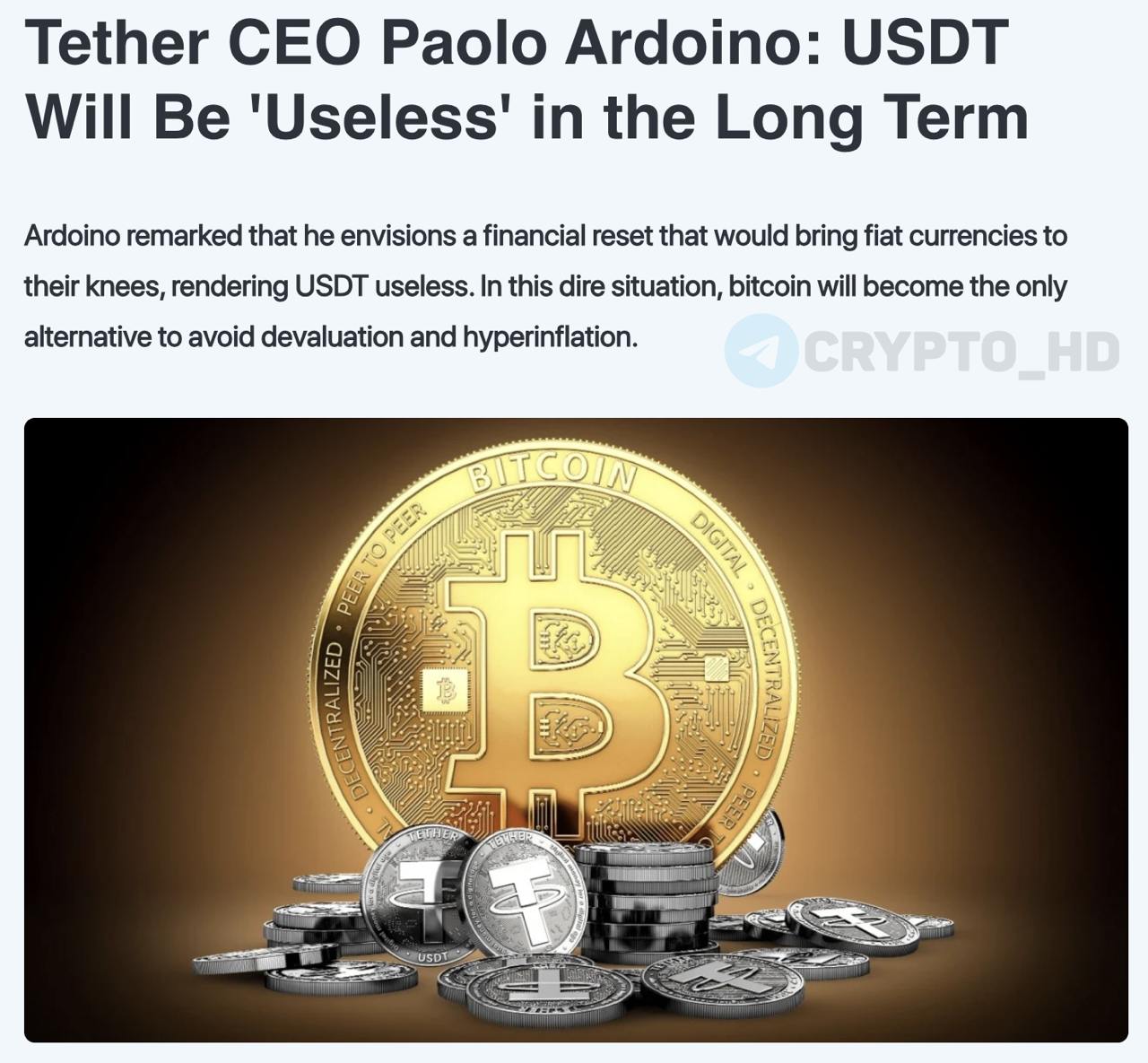 #usdt   CEO Tether прогнозирует крах USDT - original  Паоло Ардоино считает, что в будущем произойдет финансовая перезагрузка — все фиатные валюты обесценятся и столкнутся с гиперинфляцией.  В этой ситуации USDT станет бесполезным, а единственной альтернативой останется Биткоин.  Crypto Headlines