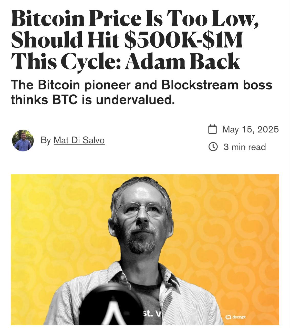 Биткоин может достичь отметки в 500,000$–1,000,000$ уже в текущем цикле, утверждает CEO Blockstream.  «Не вижу логичного объяснения, почему BTC должен оставаться на уровне 100,000$. Ситуация изменилась. Я ожидаю цены в диапазоне 500,000$–1,000,000$ в этом цикле».  Факторы, способствующие росту:  — Спотовые ETF в США уже принесли в крипторынок более 41,000,000,000$.  — Прокриптовалютная политика администрации Дональда Трампа.  — Психология толпы — рост привлекает новых инвесторов.  — BTC следует 4-летним циклам, и мы находимся близко к новому импульсу.  Оставайтесь в курсе последних новостей вместе с