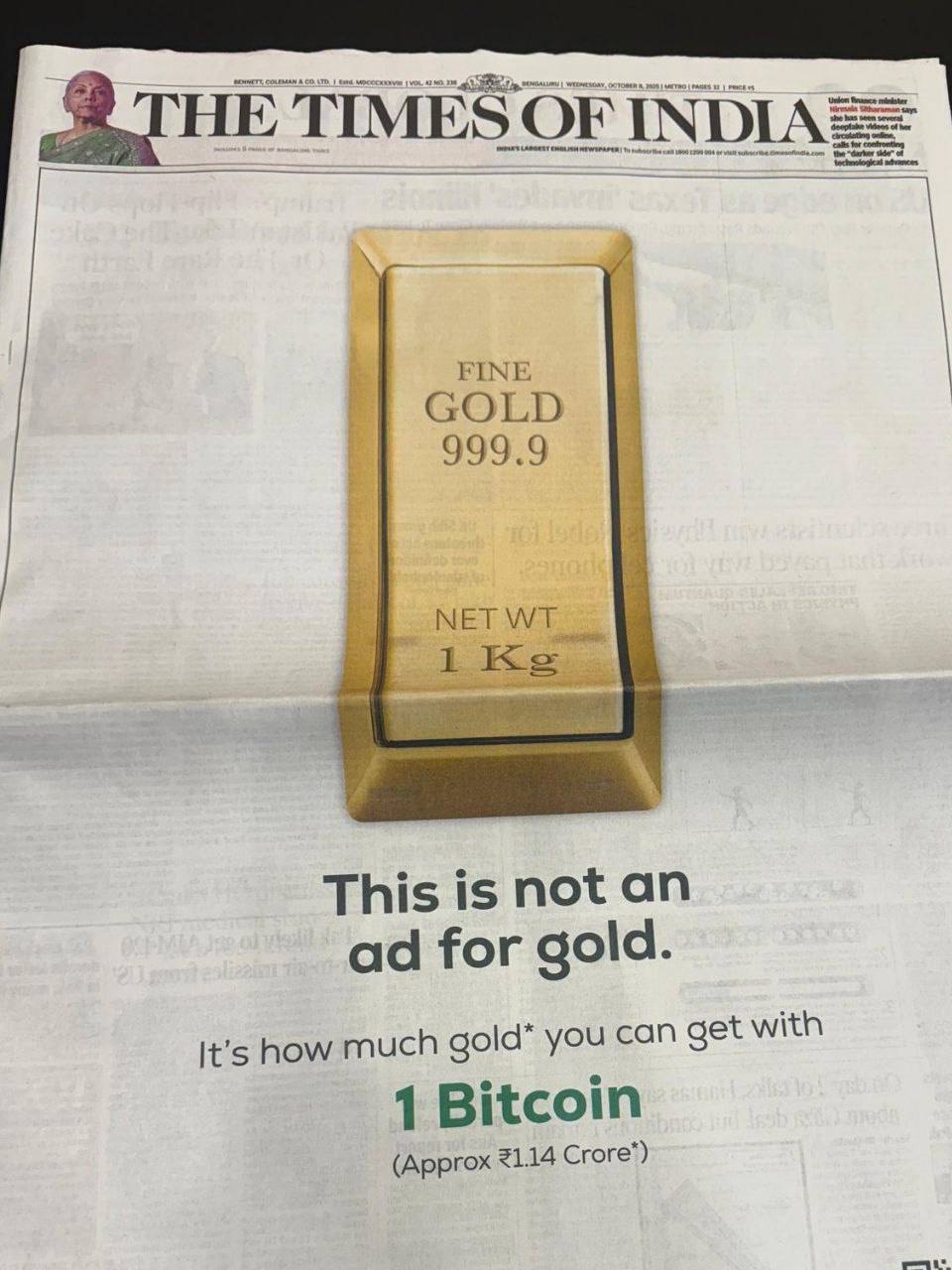 Индийское издание The Times of India сообщило что стоимость одного биткоина сравнялась с ценой килограмма золота Публикация подчёркивает рост популярности и укрепление позиций криптовалют особенно на фоне снижения доверия к традиционным финансовым инструментам