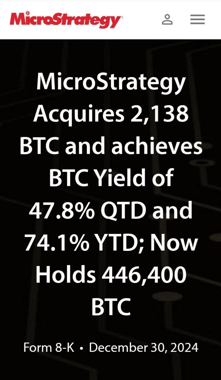 Майкл Сэйлор докупил 2,138 BTC  209 млн.$   MicroStrategy закупила новые BTC по цене ~97,837$. Теперь на балансе компании 446,400 BTC     Бонус от 15 USDT за регистрацию - биржа  MEXC