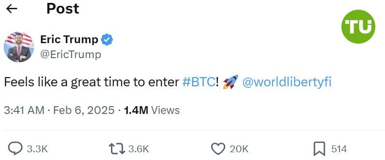 ‍  Эрик Трамп призвал покупать BTC  Сын президента США заявил в соцсети X  Twitter , что сейчас оптимальное время для покупки биткоина.    При этом двумя днями ранее он призывал приобретать ETH. Тогда альткоин краткосрочно вырос, но затем вновь снизился до предыдущих уровней.  Поэтому криптосообщество воспринимает новые призывы Эрика Трампа с осторожностью.