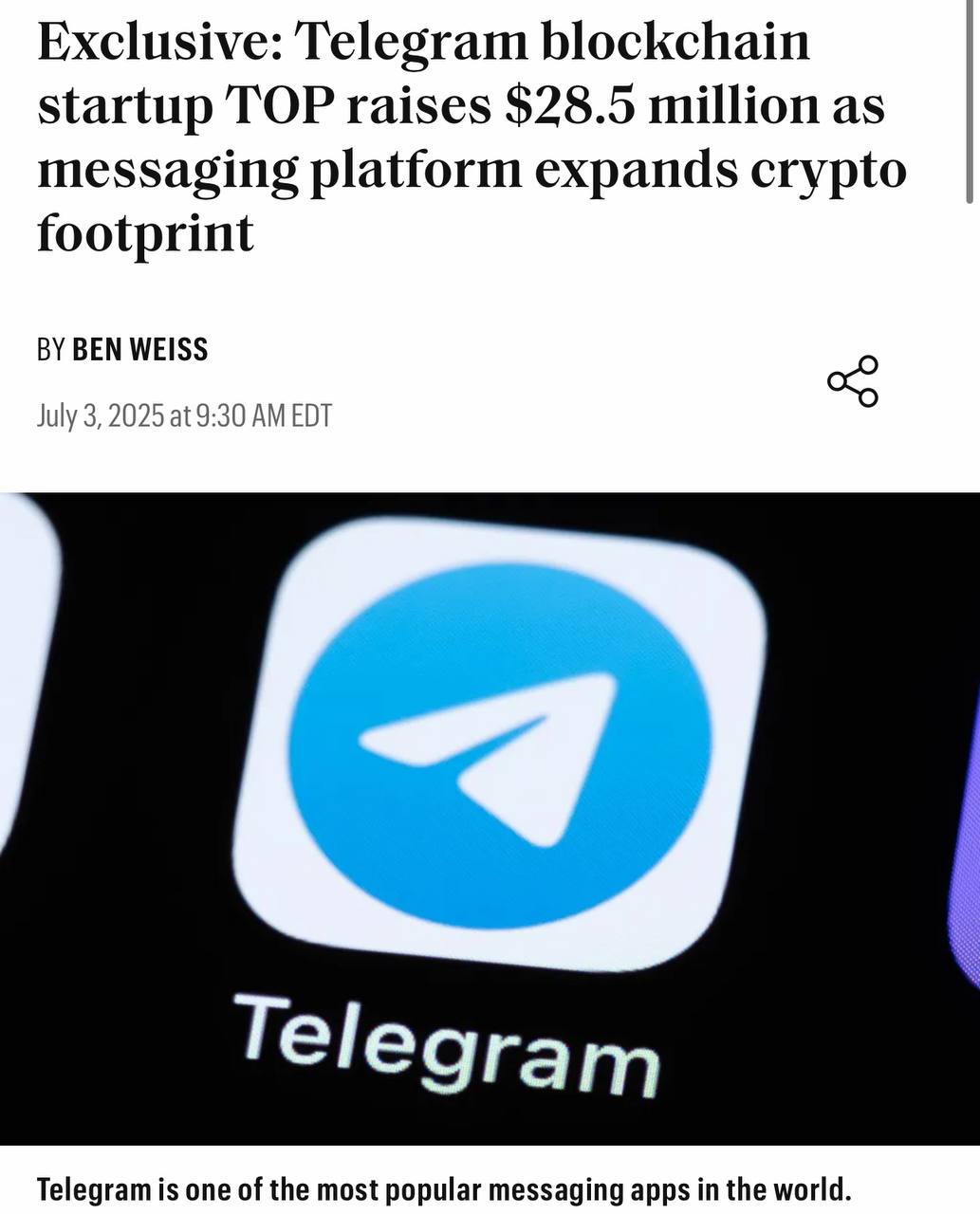Телеграм блокчейн стартап TOP привлек 28.5 млн$ инвестиций