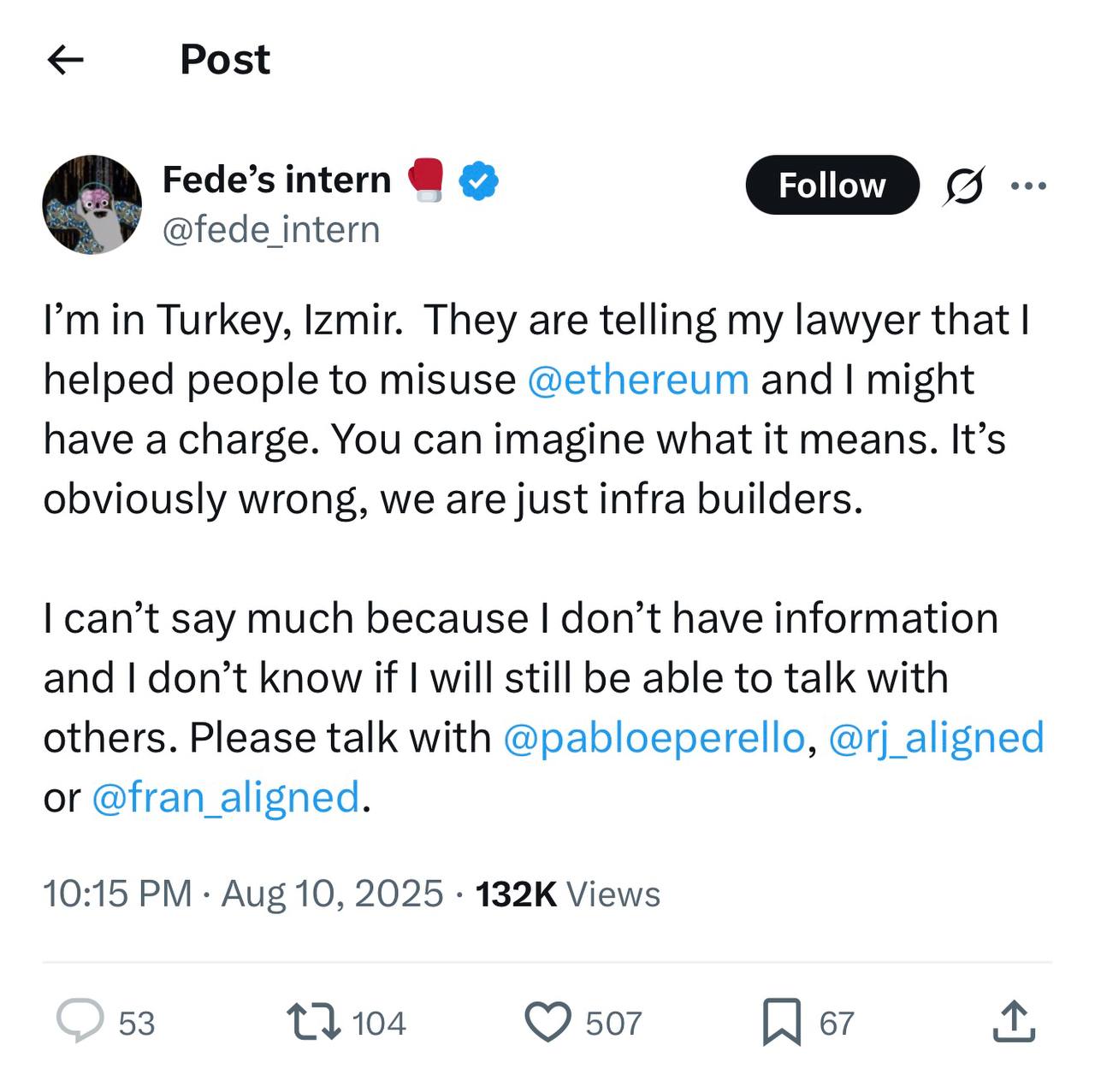 Разработчик Ethereum под ником Fede’s Intern был задержан в Турции. Его обвиняют в злоупотреблении сетью Ethereum, однако он отрицает свою вину. Аргентинец намерен покинуть страну, получив поддержку криптосообщества и юридическую помощь. Крипто ТВ