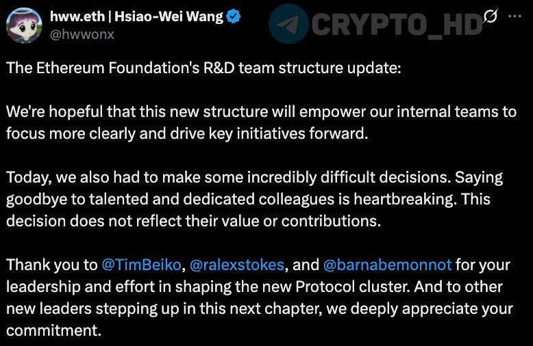 # ETH Сокращение персонала в Ethereum Foundation – анонс В Ethereum Foundation объявили о реструктуризации исследовательского и девелоперского подразделения. Часть сотрудников уволили. Подразделение переименовали в Protocol. Цель – сфокусироваться на ключевых задачах протокола, которые давно вызывают тревогу у комьюнити. Приоритет: масштабирование базового слоя Ethereum, развитие blobspace и улучшение пользовательского опыта. Ранее: Trillion Dollar Security Crypto Headlines