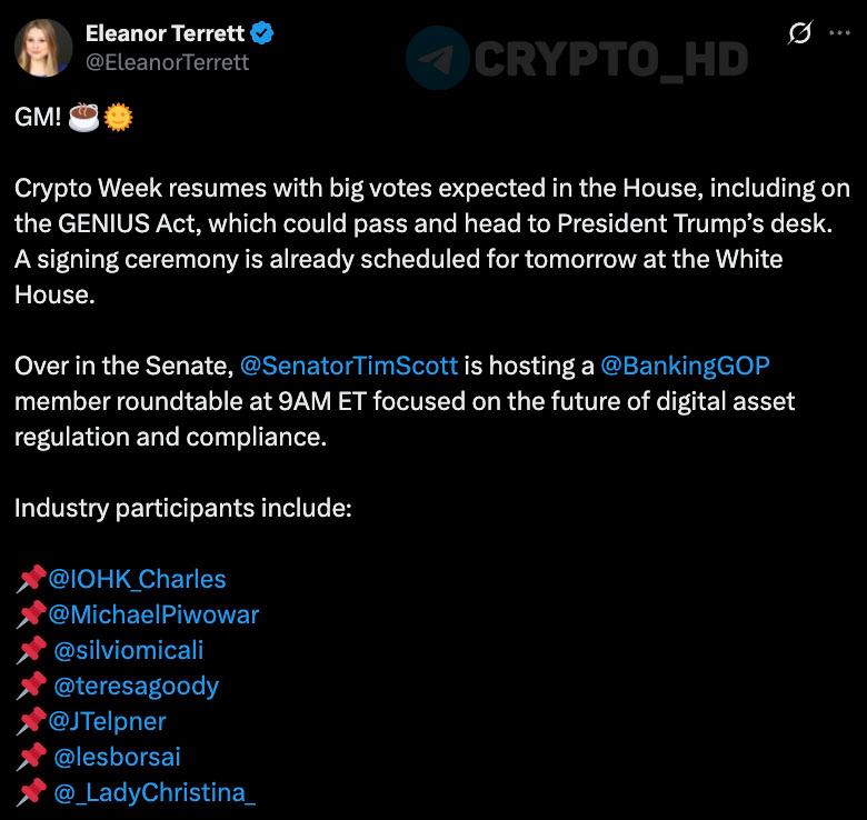 Eleanor Terrett: Дональд Трамп может подписать закон GENIUS для стейблкоинов уже завтра. Сегодня в Палате представителей должно состояться финальное голосование, а на завтра в Белом доме уже назначена церемония подписания. Crypto Headlines