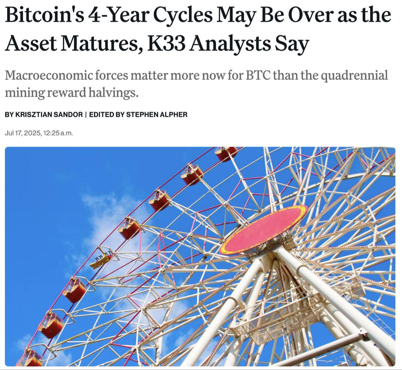 Аналитики K33 Research утверждают, что традиционная модель роста BTC каждые четыре года больше не актуальна. Эффект халвинга теряет свою силу: если раньше он приводил к резкому увеличению цен, то сейчас на рынке все большее значение имеют спрос со стороны институциональных инвесторов и государства. BTC начинает восприниматься не как спекулятивный актив, а как средство для накопления. По старой модели четырехлетних циклов, ожидается, что пик цен должен произойти в октябре 2025 года. Оставайтесь в курсе последних новостей вместе с