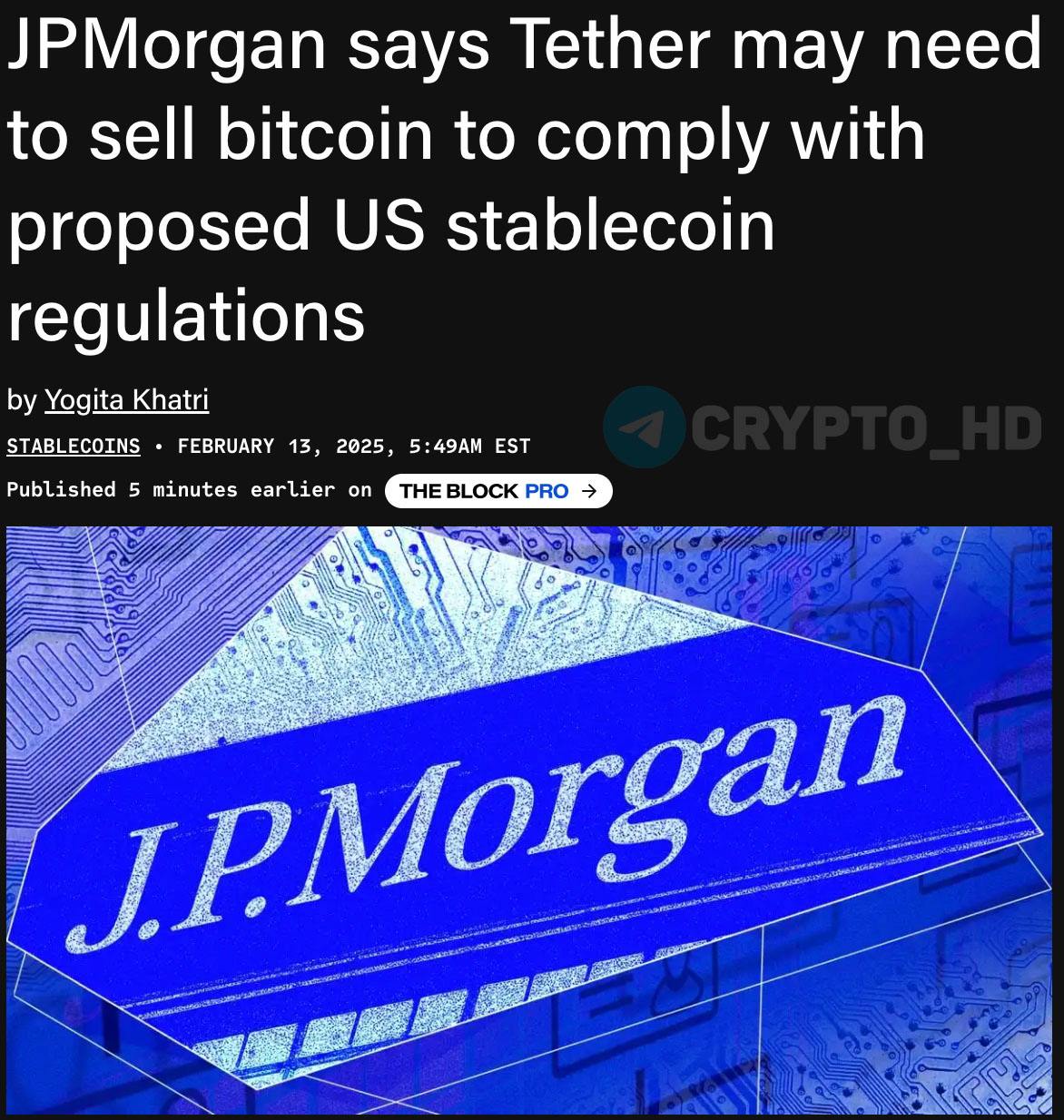 #usdt   JPMorgan: Tether потенциально придется продать BTC на 9,000,000,000$.    Причина: Если в США введут новые правила регулирования стейблкоинов, то эмитента USDT могут обязать провести реструктуризации активов  избавиться от BTC в пользу гос. облигаций США .  Сейчас на балансе Tether хранится 93,433 BTC  $9B .  Из законопроектов STABLE Act и GENIUS Act – резервы эмитентов стейблкоинов должны на 100% состоять из надежных активов  гос. облигаций и наличных . Tether соответствует этому пункту лишь 66–83%.  Crypto Headlines