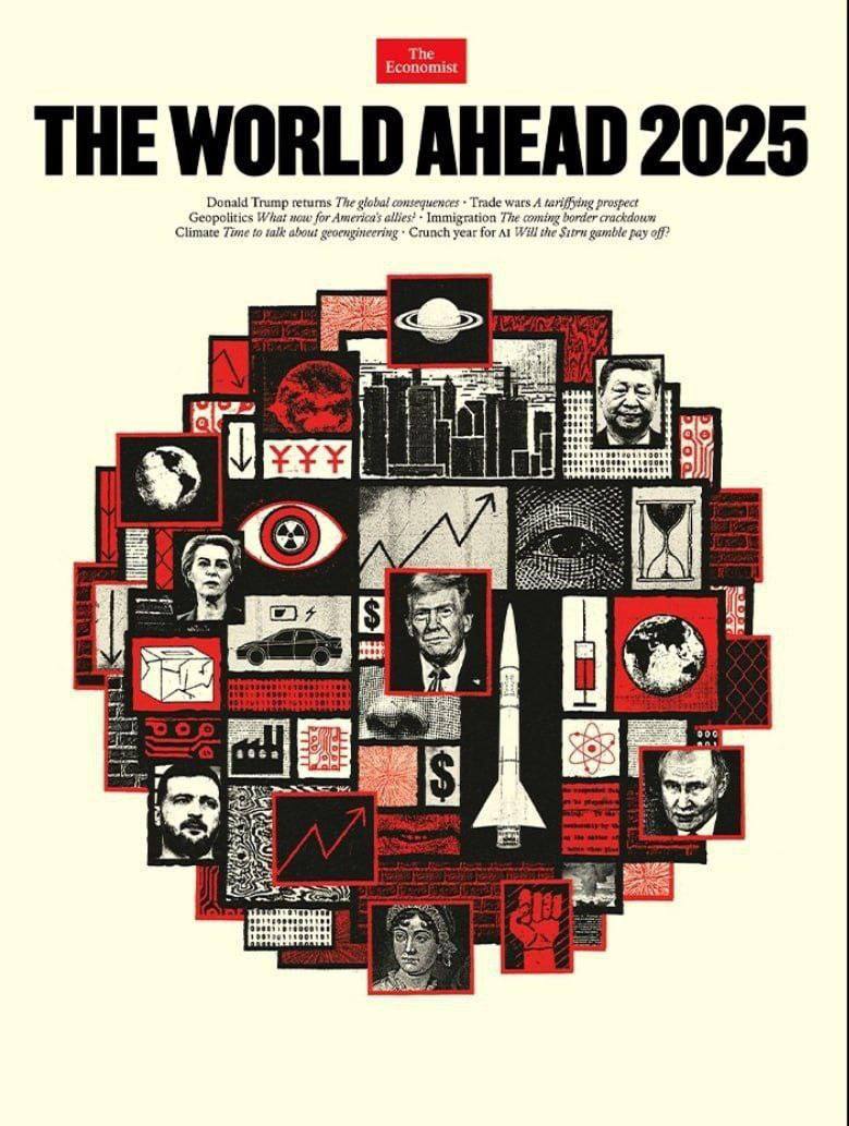 The Economist выпускает новую обложку «Мир в преддверии 2025 года», прогнозируя год неопределенности и нестабильности, поскольку Трамп поставил перед собой задачу изменить мировую торговлю, экономику и геополитику. Ребусы, конспирология, заговоры, началось