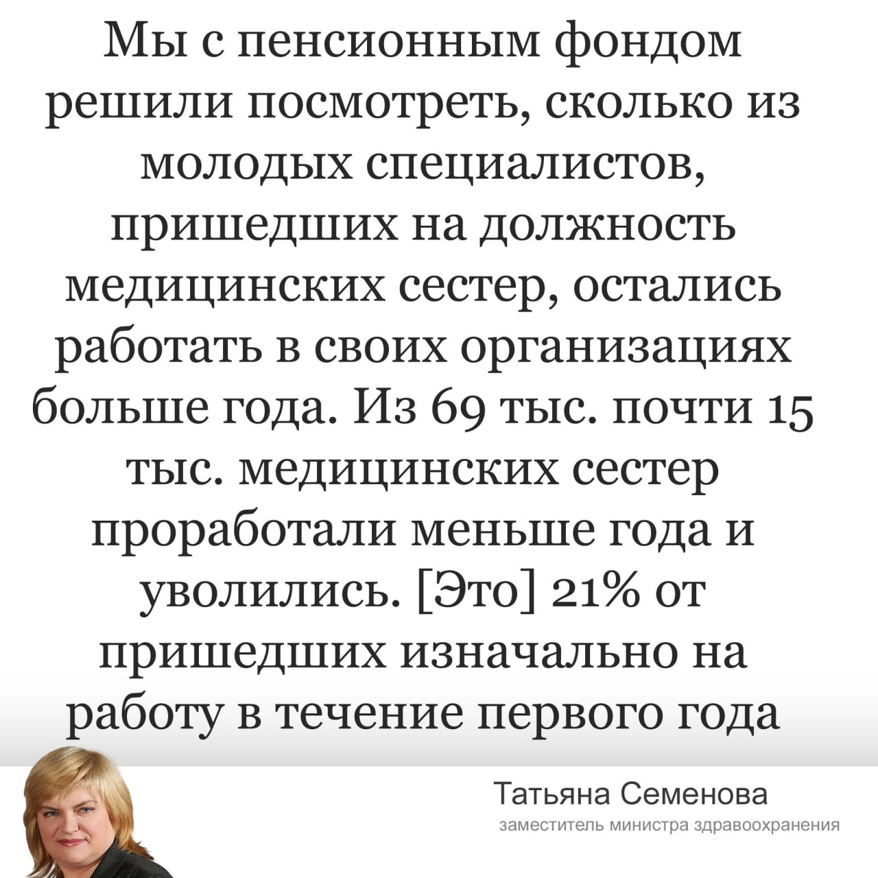 Минздрав : Каждая пятая медсестра увольняется в первый год.  Ведомство заявило, что из 69 000 медсестер 15 000 специалистов проработали меньше одного года.  Это 21% пришедших на работу в течение года. Минздрав сообщил, что обычно доля составляет менее 15%. Данный показатель имеется в Ивановской и Херсонской областях, а также в Чукотском и Ямало-Ненецком автономных округах. Лидируют по числу уволившихся республика Тыва  42% , Алтай  41% , Калмыкия  34% , Бурятия  33%  и Курганская область  32% .