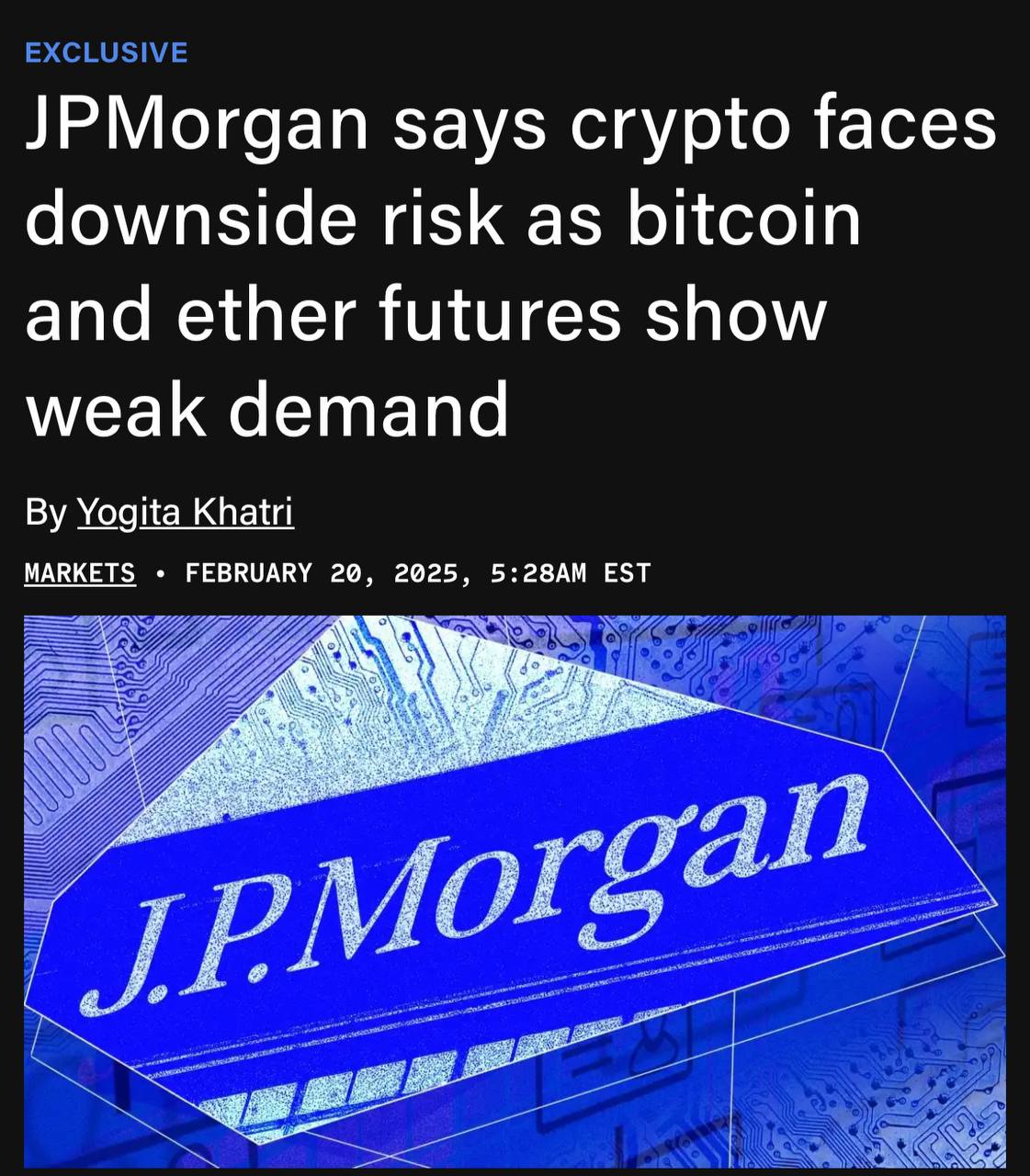 JPMorgan предупреждает о растущем риске падения криптовалютного рынка, так как фьючерсы на BTC и ETH на CME показывают низкий уровень спроса. Также отсутствие позитивных факторов и ослабление импульса способствуют снижению интереса. Оставайтесь в курсе последних новостей вместе с