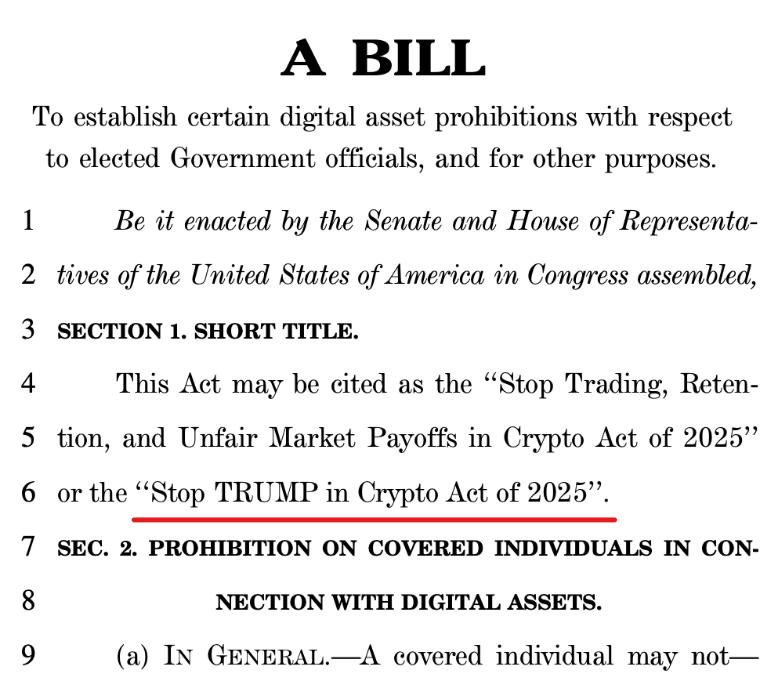 В США представили законопроект «Stop TRUMP in Crypto Act» – original Демократы предлагают запретить президенту США и его ближайшим родственникам выпускать, хранить или продвигать какие-либо криптоактивы + получать прибыль от криптовалютного бизнеса, пока Трамп находится у власти. Скоро: гала-ужин Трампа Crypto Headlines