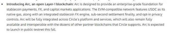 Circle анонсировал Arc - открытый Layer-1 блокчейн для корпоративной инфраструктуры стейблкоин-платежей, валютного обмена и капитальных рынков. ℹ Сеть совместима с EVM и использует USDC как нативный токен для газа, публичный тестнет ожидается осенью. Тем временем, команда во главе с экс-руководителем Revolut запустила DEX для торговли перпетуалами Extended на Starknet. Торговый клуб Поддержка