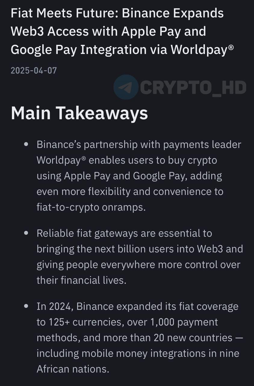 #bnb   Binance и Worldpay объявили о партнерстве для интеграции Apple Pay и Google Pay - анонс  Crypto Headlines