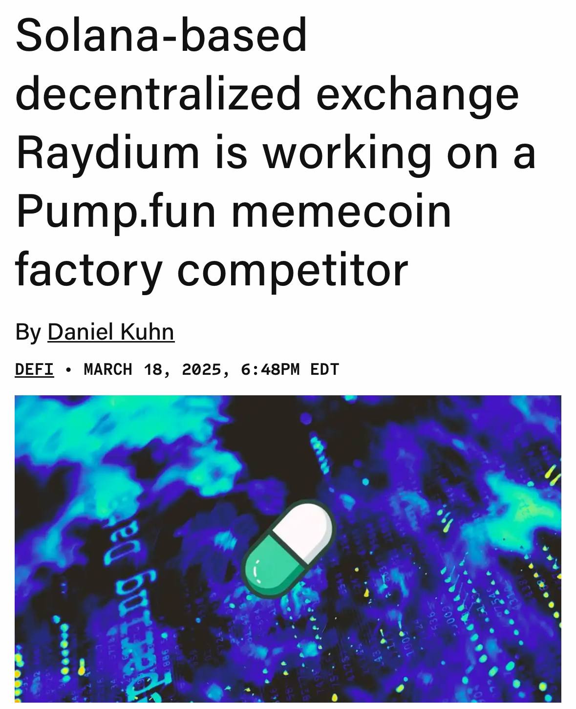 The Block: В Raydium планируют запустить конкурента Pump․fun!  Децентрализованная биржа Raydium разрабатывает LaunchLab — альтернативу Pump․fun для запуска мемкоинов    Решение принято после того, как в Pump․fun начали тестировать автоматизированный маркет-мейкер  AMM  для замены Raydium.    Чат • Проекты • Стикеры