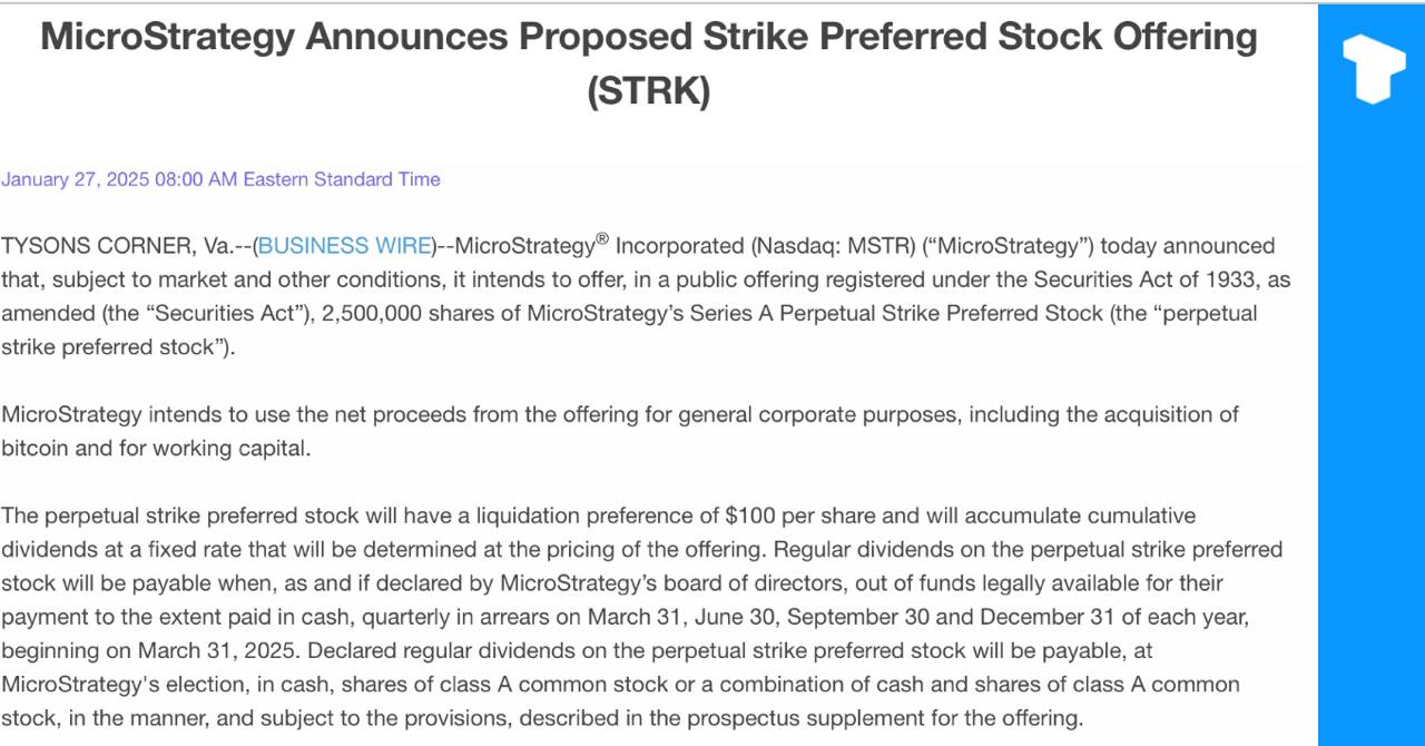 В планах компании MicroStrategy привлечь дополнительные миллиарды долларов США для покупки BTC через публичного предложения «2 500 000 акций привилегированных акций MicroStrategy серии A Perpetual Strike».    Телеграм  Х    Сообщество  Источник