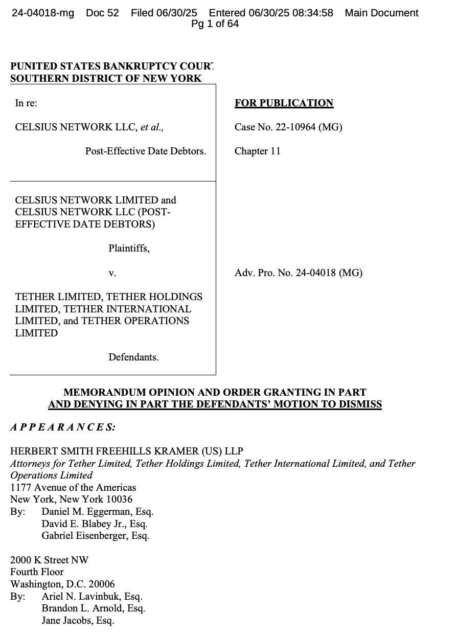 Суд разрешил Celsius продолжить судебное разбирательство против Tether на сумму 4 миллиарда долларов.  Американский суд по делам о банкротстве дал разрешение Celsius Network продолжить иск к Tether. Дело касается ликвидации более 39,500 BTC на сумму 4 миллиарда долларов, произошедшей во время краха Celsius в июне 2022 года.  Celsius утверждает, что: — Tether провела "распродажу по заниженной цене" в 20,656 долларов за BTC. — Были нарушены условия кредитного соглашения и сроки ликвидации. — Действия Tether подпадают под категорию мошеннических и приоритетных переводов по закону о банкротстве США.  Суд отклонил основные доводы Tether о прекращении дела и признал, что Celsius представила достаточные основания для продолжения процесса.  Оставайтесь в курсе последних новостей вместе с