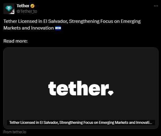 Tether получил лицензию в Сальвадоре и переносит штаб-квартиру в страну.   ℹ  Глава Tether Паоло Ардоино отметил, что Сальвадор является "маяком инноваций" в цифровых активах, и перемещение штаб-квартиры поможет компании развивать технологии финансовой свободы.    YouTube   Чат  Торговый клуб   Канал о трейдинге   Invcoin support