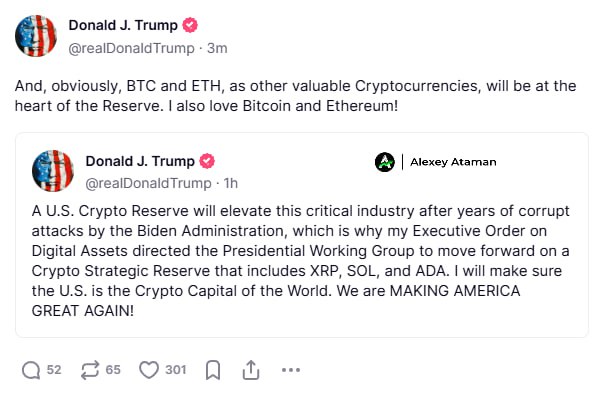 Вот вам и ответ Трампа:  И, очевидно, #BTC и #ETH, как и другие ценные криптовалюты, будут включены в крипторезерв США. Я также люблю BTC и ETH.    Ataman     Чат   Circle 1%   Bybit     BingX     OKX